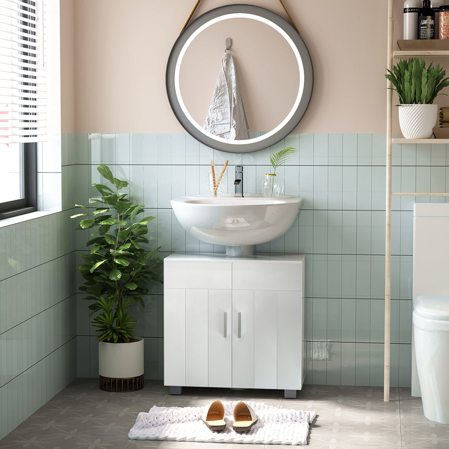 Pedestal Under Sink Cabinet, Modern Bathroom Vanity Unit, Storage Cupboard with Double Doors, Adjustable Shelf, White