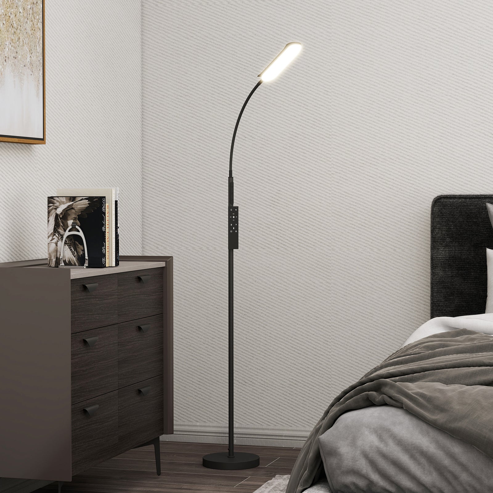LED Floor Lamp, Standing Lamp with Remote & Touch Control, Stepless Dimmable Colours Temperature & Brightness, 360° Adjustable Gooseneck, 1 Hour Timer, Memory Function for Living Room, Black