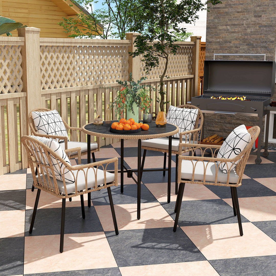 5 Piece Patio Rattan Dining Set, Wicker Garden Table and Chairs w/ Removable Seat & Back Cushions, Round Tempered Glass Tabletop, Parasol Hole, Outdoor Furniture Conservatory Set, Light Brown