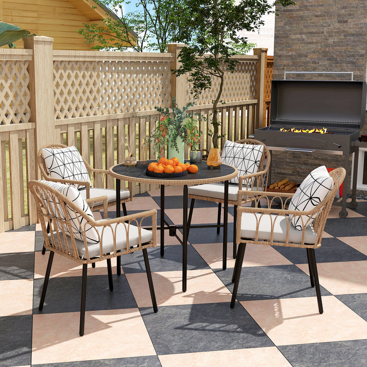 5 Piece Patio Rattan Dining Set, Wicker Garden Table and Chairs w/ Removable Seat & Back Cushions, Round Tempered Glass Tabletop, Parasol Hole, Outdoor Furniture Conservatory Set, Light Brown