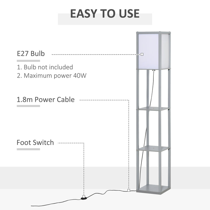MCL 3-Tier Floor Lamp, Floor Light with Storage Shelf, Reading Standing Lamp with Acrylic Shade for Living Room, Bedroom, Kitchen, Dining Room, Office, Dorm, 160cm, Grey