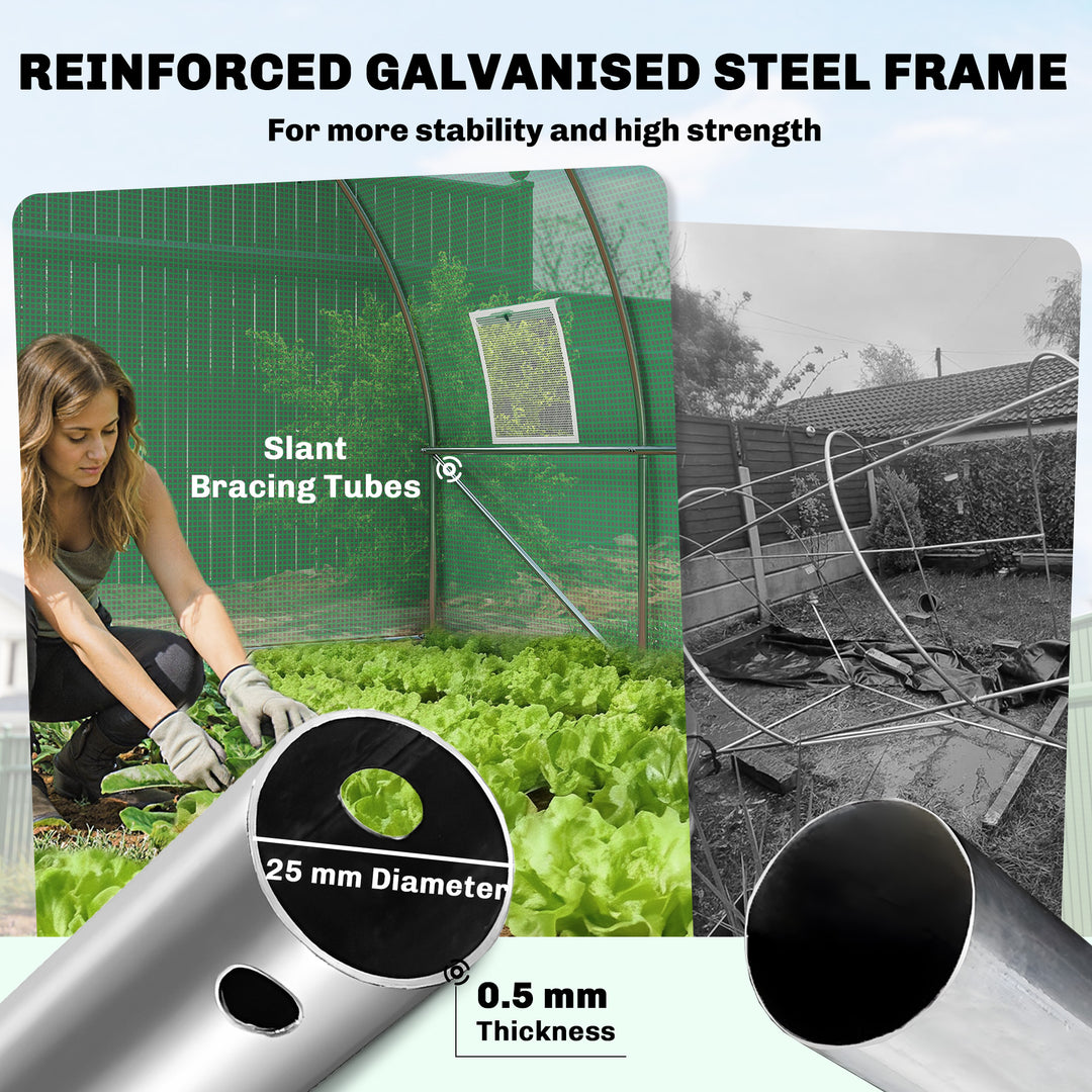 3 x 4 m Walk-in Polytunnel Greenhouse with Hinged Door and 8 Roll Up M