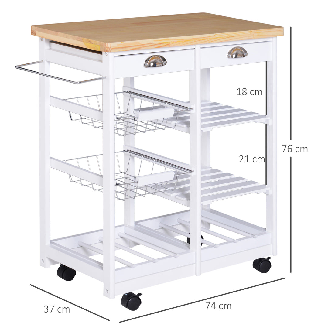 MCL Rolling Kitchen Island Trolley Cart Drawer Shelves Basket Wheels W/  6 Bottle Wine Rack White