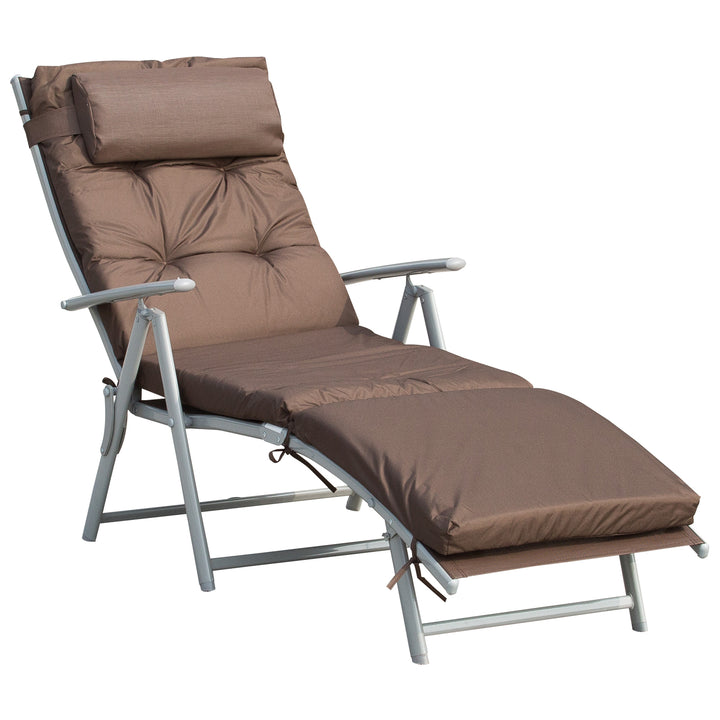 Outsunny Garden Sun Lounger, Foldable Reclining Chair with Pillow and Adjustable Back, Texteline Fabric, Brown | Aosom UK