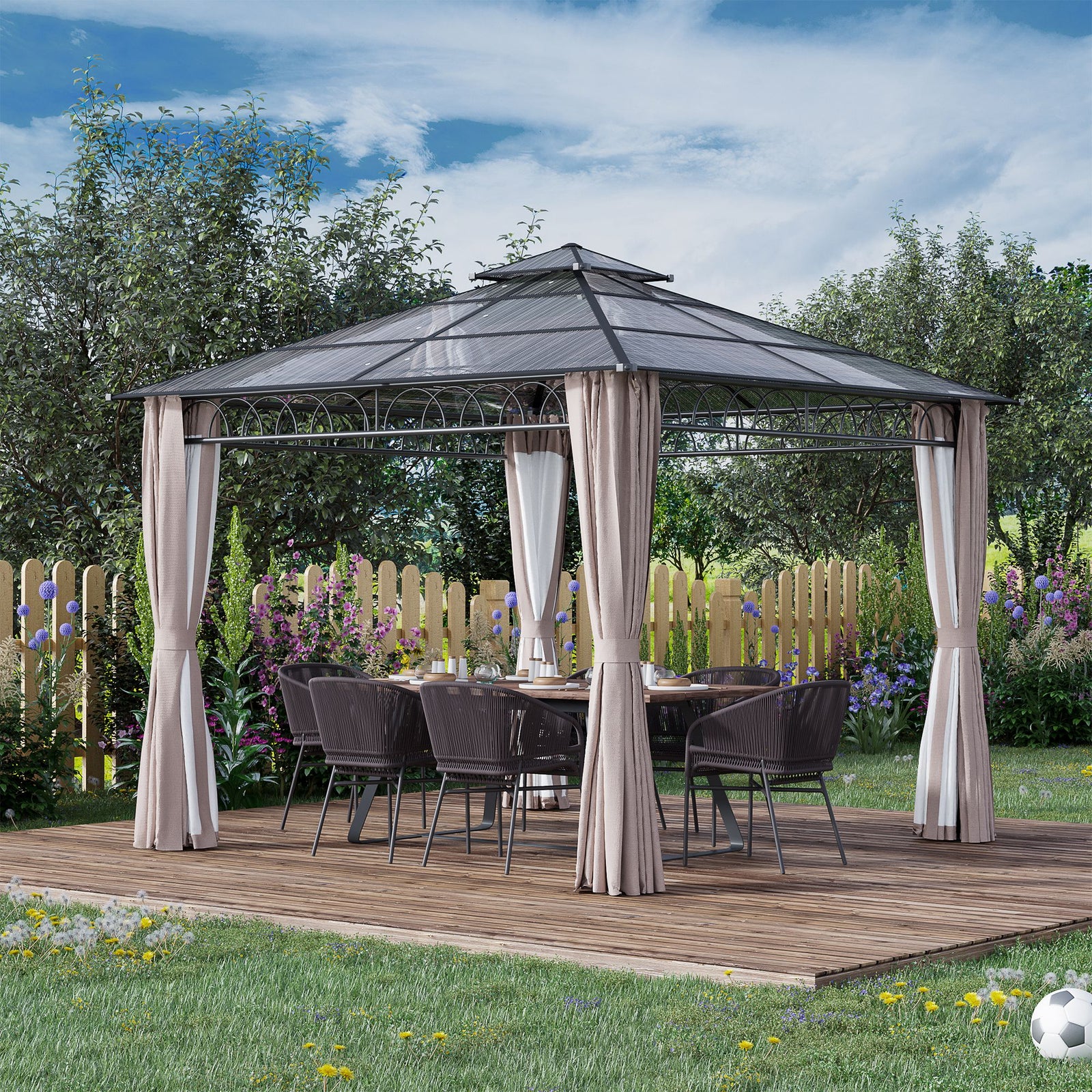 3 x 3 (m) Outdoor Polycarbonate Gazebo, Double Roof Hard Top Gazebo with Galvanised Steel Frame, Nettings & Curtains for Garden, Lawn, Patio and Deck, Khaki