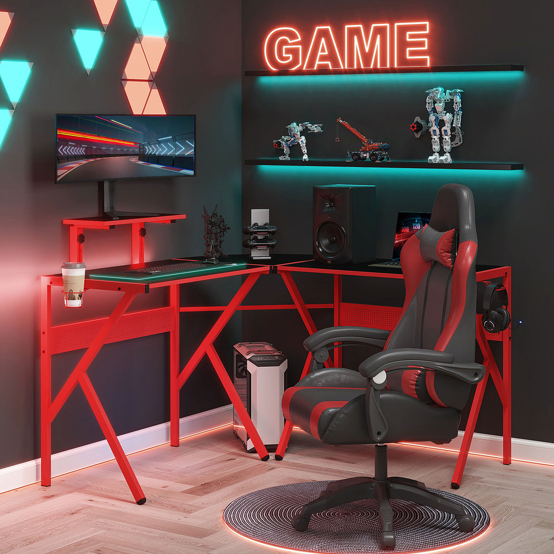 HOMCOM Gaming Desk L-Shaped Corner Computer Table for Home Office PC Workstations with Adjustable Monitor Stand , Red