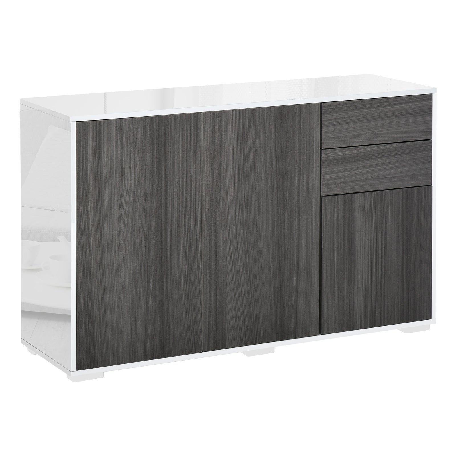 High Gloss Frame Sideboard, Side Cabinet, Push-Open Design with 2 Drawer for Living Room, Bedroom, Light Grey and White