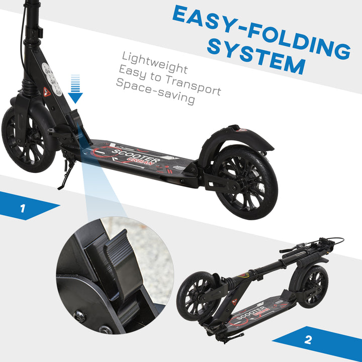 Adult Teens Kick Scooter Foldable Height Adjustable Aluminium Ride On Toy for 14+ w/ Rear Wheel & Hand Brake, 200mm Big Wheels, Shock Mitigation System - Black