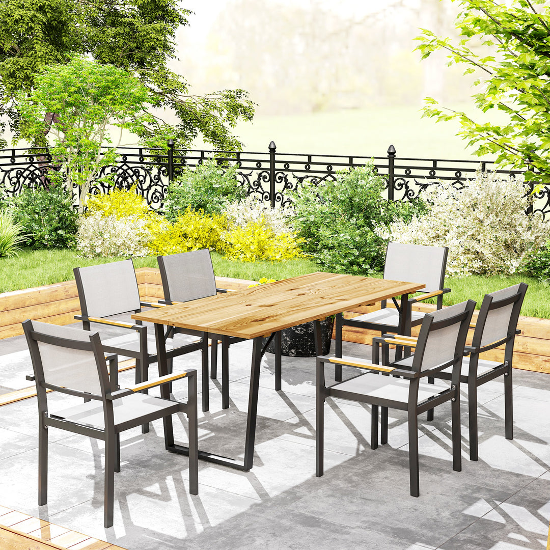 6 Seater Wooden Garden Dining Table, 175 x 80 cm Rectangular Outdoor Dining Table with 5cm Parasol Hole and Slatted Top, Weather Resistant for Patio, Terrace, Brown