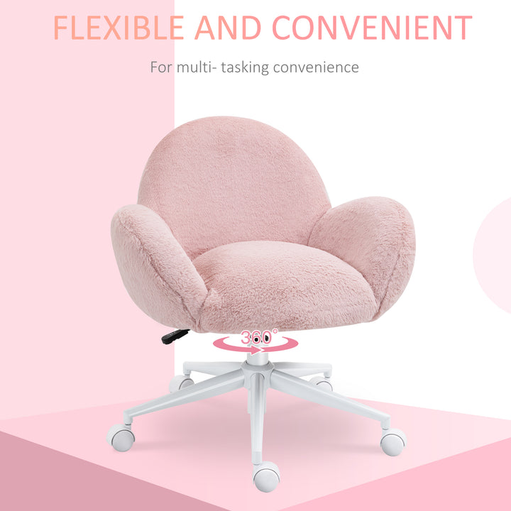 HOMCOM Fluffy Leisure Home Office Chair with Backrest and Armrest, Makeup Chair with Wheels for Bedroom Living Room, Pink | Aosom UK