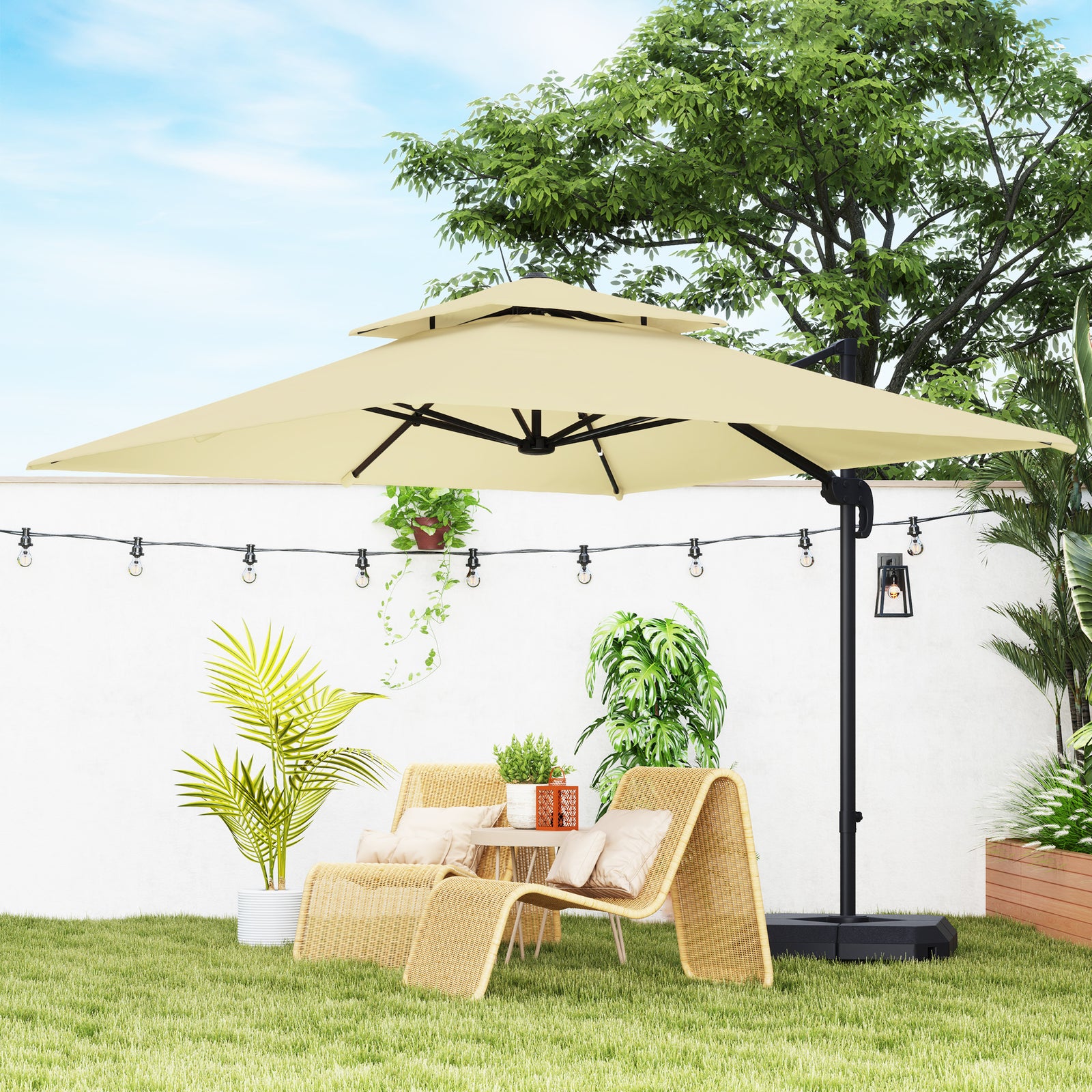 2.7 x 2.7(m) Cantilever Parasol with Aluminium Frame, Crank and Tilt, 360-Degree Rotation, Double Top Garden Umbrella with Base and Cover, Khaki