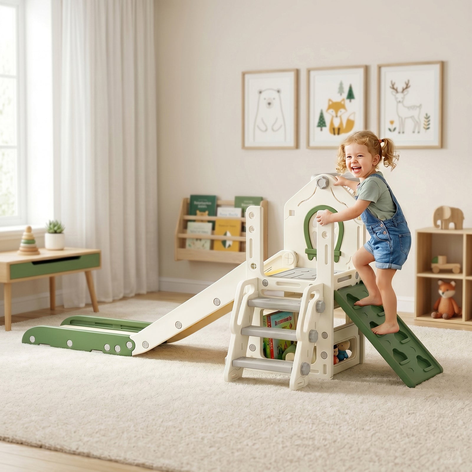 Foldable 5 in 1 Toddler Slide with Ladder, Climbing Wall, Basketball H