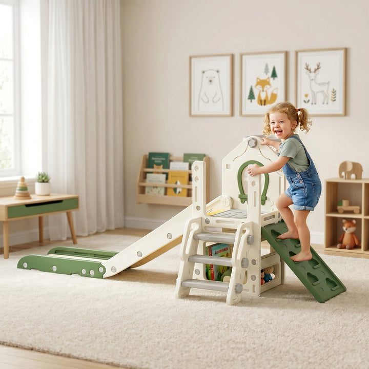 Foldable 5 in 1 Toddler Slide with Ladder, Climbing Wall, Basketball H