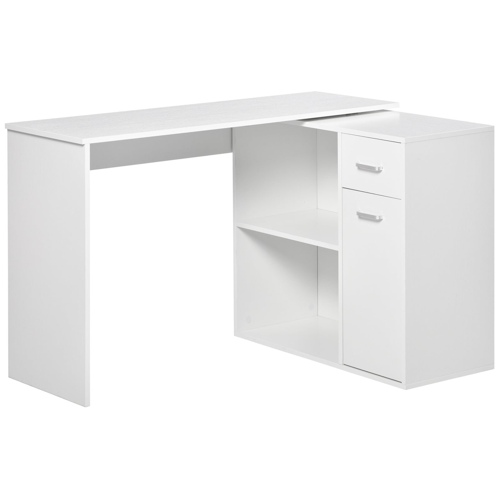 L-Shaped Desk, Corner Computer Desk, Adjustable Study Table with Storage Shelf, Drawer and Cabinet, Workstation for Home Office, White Wood Grain