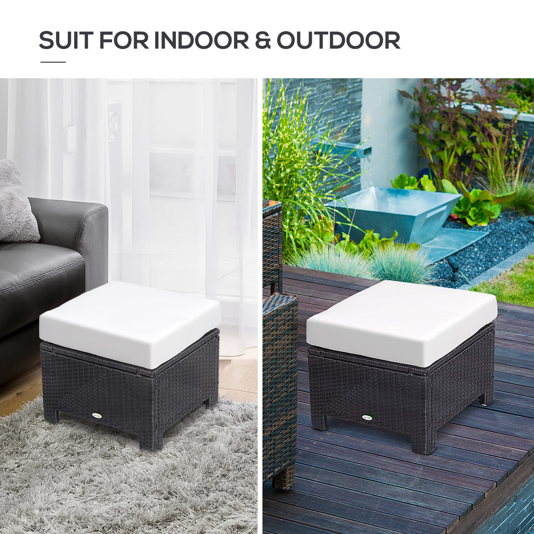 Rattan Footstool Wicker Ottoman with Padded Seat Cushion Outdoor Patio Furniture for Garden Poolside Living Room, 50 x 50 x 35 cm, Black