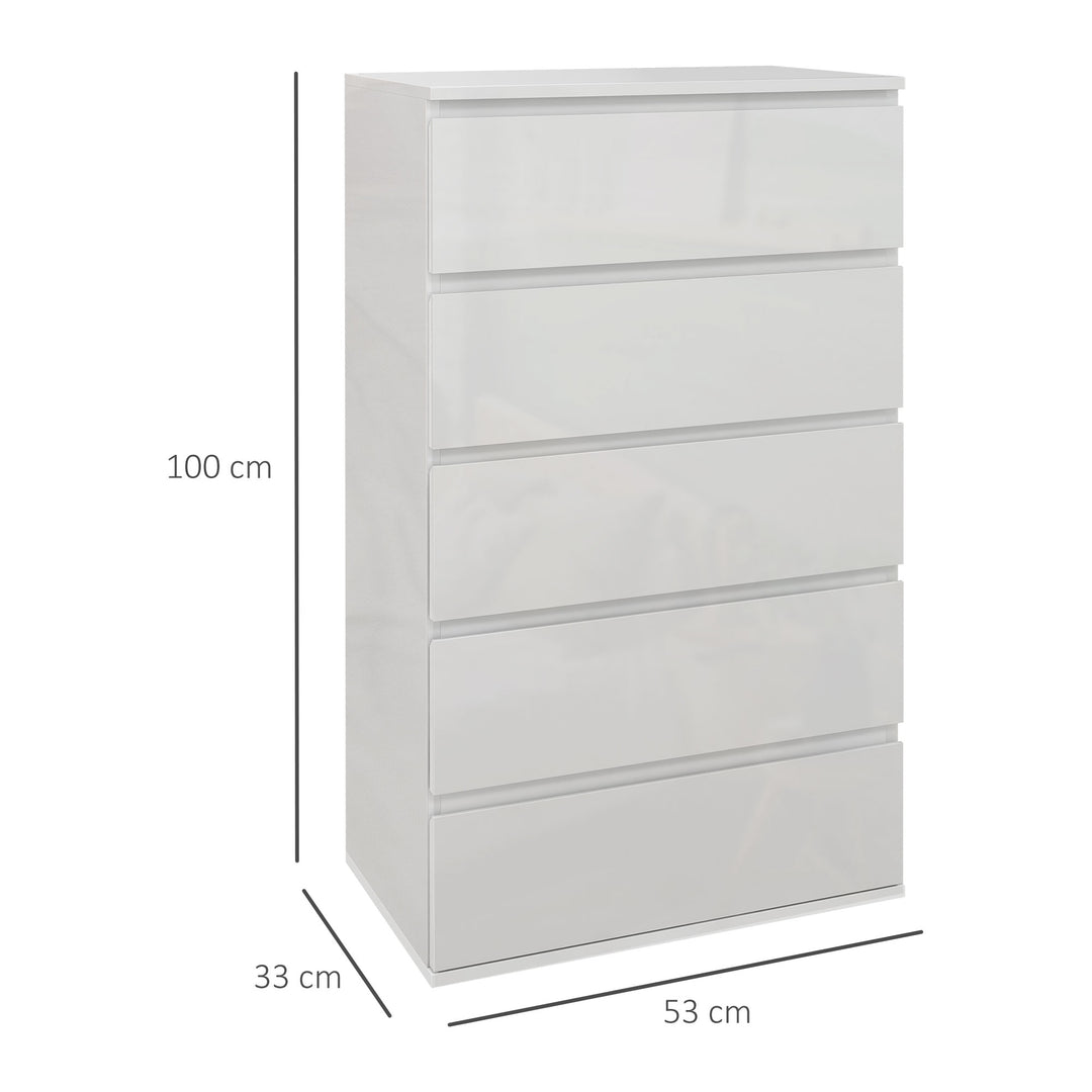 HOMCOM High-Gloss Chest: 5-Drawer Modern Storage Cabinet in Sleek White for Bedrooms | Aosom UK