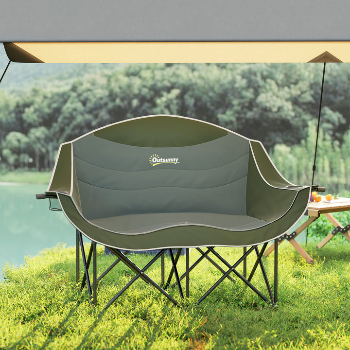 Double Camping Chair for Adults, Oversized Heavy Duty Padded Folding Chair with Armrests, Cup Holders and Carry Bag for Outdoor Camping Hiking Picnic Fishing, 250kg Capacity, Green