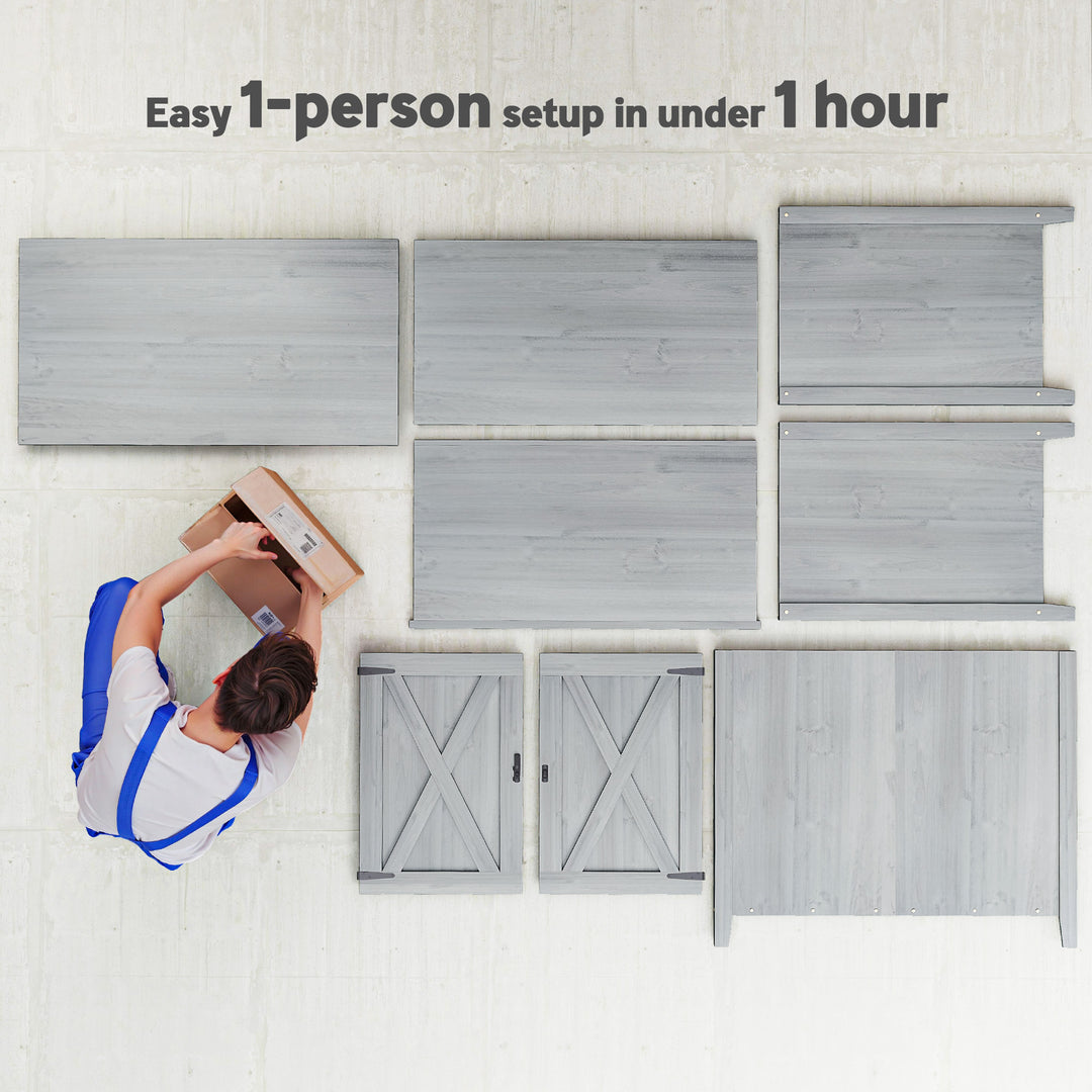 MCL Wooden Garden Shed, Outdoor Fir Wood Storage Shed with Shelf and Double Doors, Light Grey