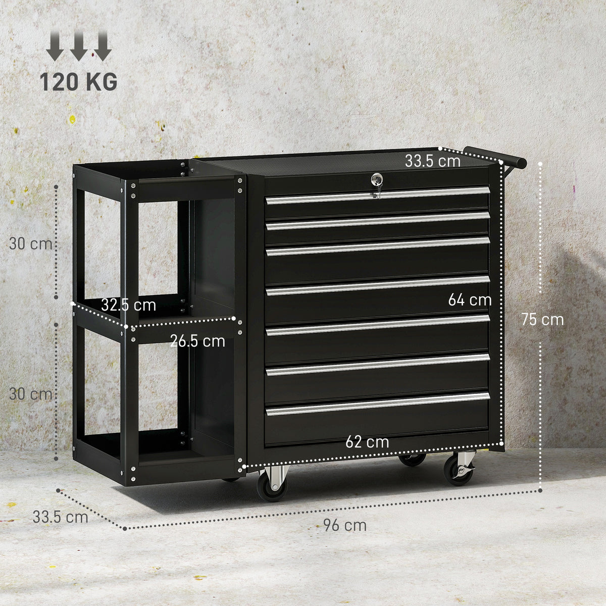 Lockable Steel Tool Chest on Wheels, 7 Drawer Tool Box with Handle for