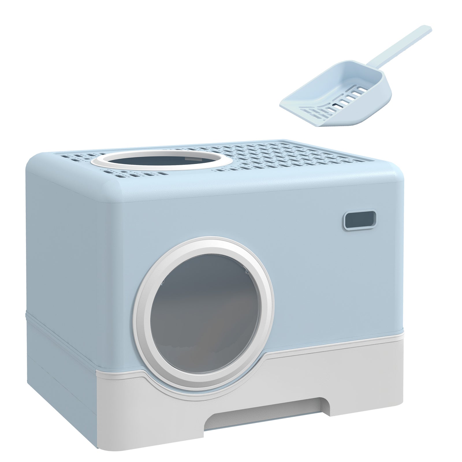 Enclosed Cat Litter Box, with Lid, Front Entry, Top Exit, Pull-Out Tray, Scoop - Blue