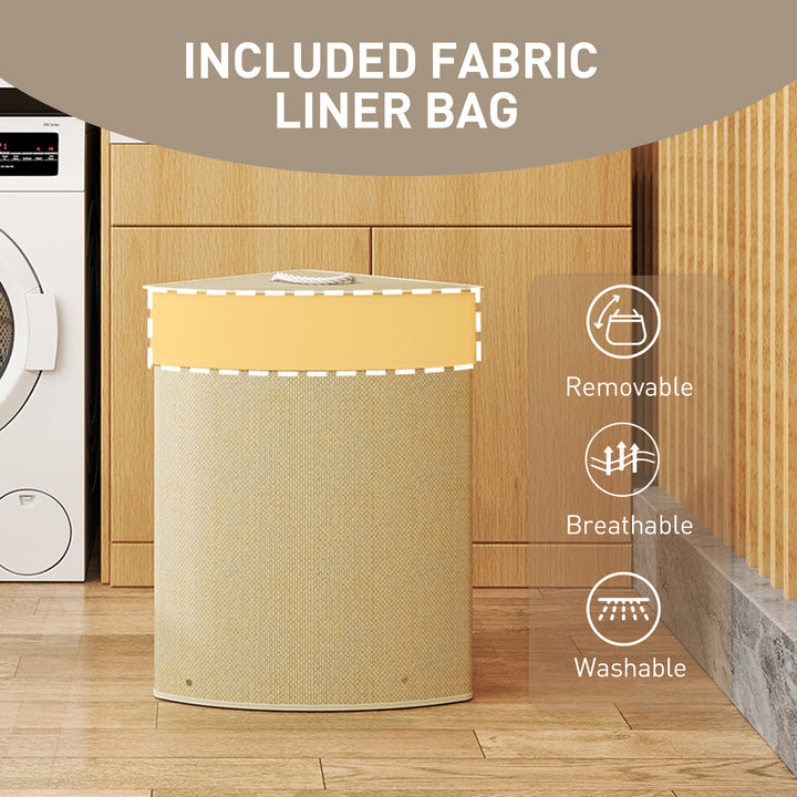 Bamboo Laundry Basket with Lid, 55L Corner Laundry Hamper with Removable Washable Liner Bag, Bathroom Triangle Washing Basket, 35 x 35 x 60 cm, Nature Wood Finish