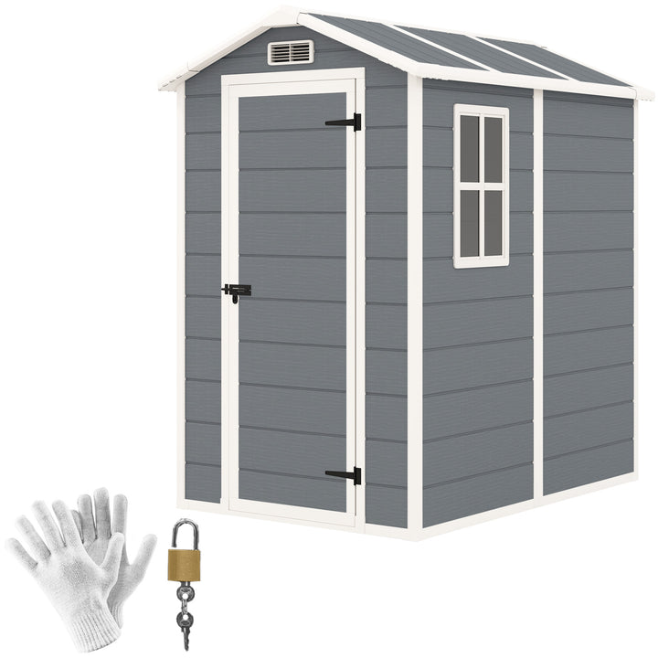 4 x 6ft Garden Shed, Plastic Shed with Floor, Window, Lockable Door and Vents, Resin Tool Shed for Outdoor Patio Storage, Zero Maintenance, Grey