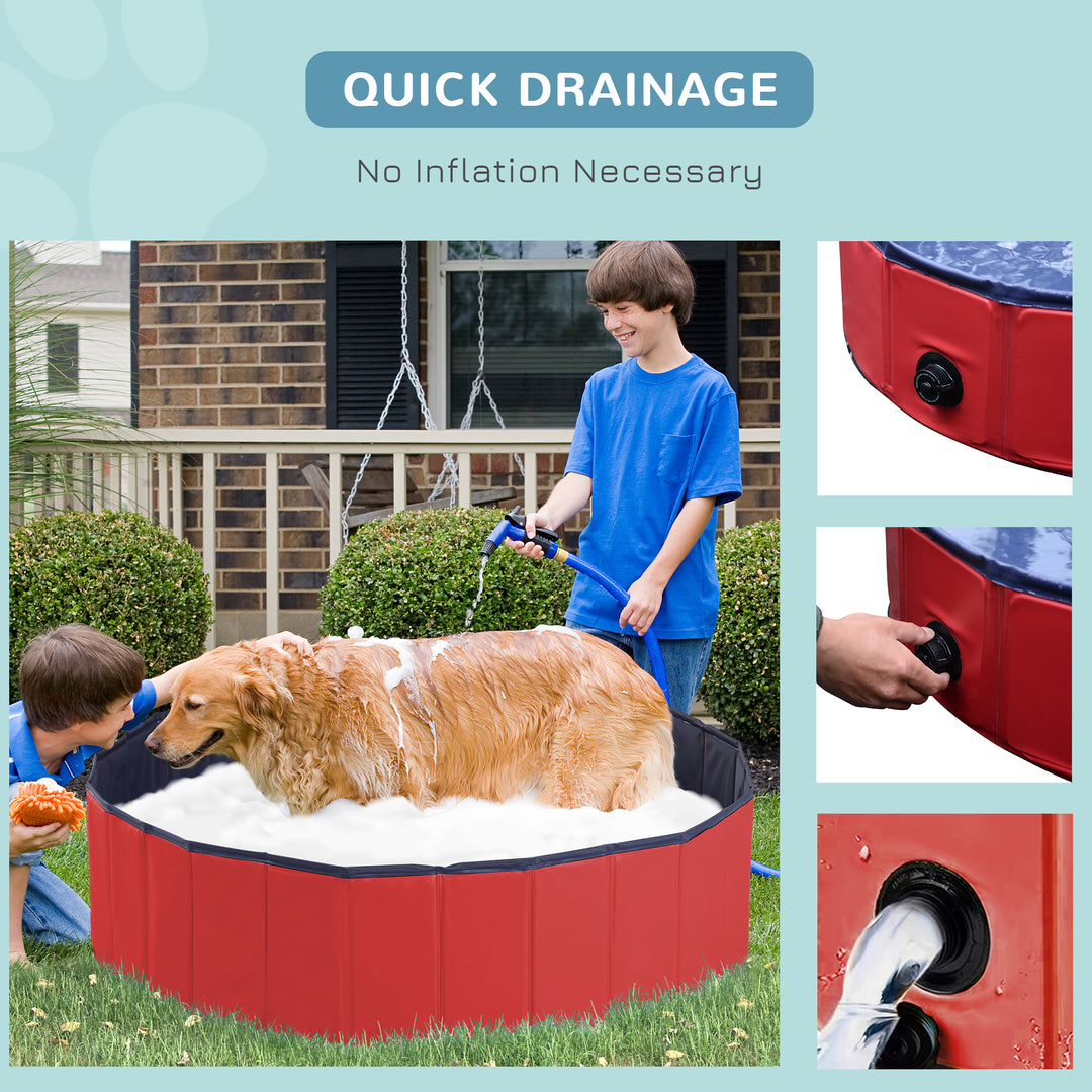 Dog Paddling Pool, Foldable Dog Pool, Leakproof & Hard Plastic, Portable Pet Bathtub with Non-Slip Base & Drainage Hole, for Indoors, Outdoors, Garden, Patio, 120 x 30 cm, Red
