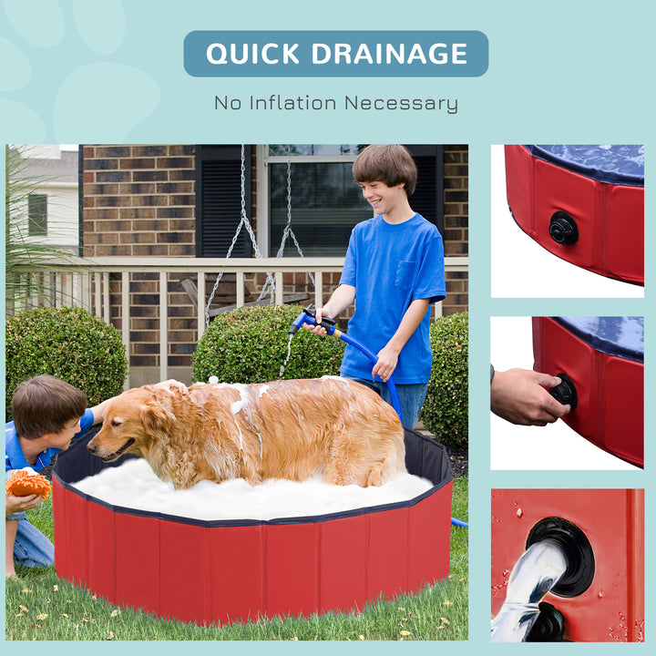 Dog Paddling Pool, Foldable Dog Pool, Leakproof & Hard Plastic, Portable Pet Bathtub with Non-Slip Base & Drainage Hole, for Indoors, Outdoors, Garden, Patio, 120 x 30 cm, Red