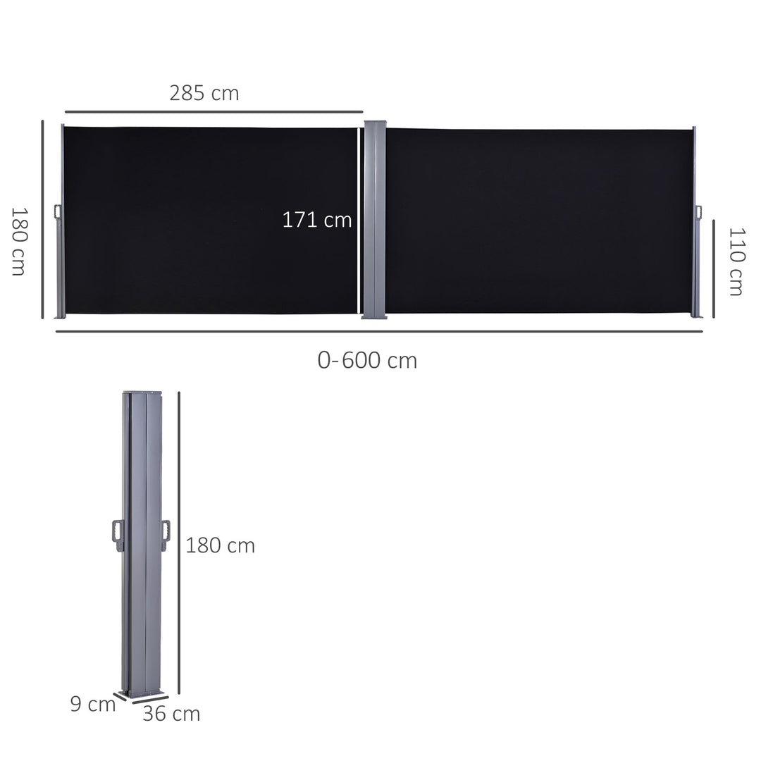 600 x 180 cm (HxL) Retractable Awning Double Canopy Side Privacy Protection Sun Shade Side Blind w/ Steel Frame Versatile Use In Garden Patio - Black