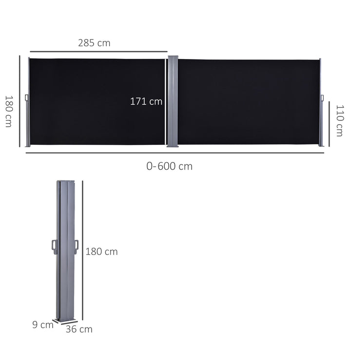 600 x 180 cm (HxL) Retractable Awning Double Canopy Side Privacy Protection Sun Shade Side Blind w/ Steel Frame Versatile Use In Garden Patio - Black