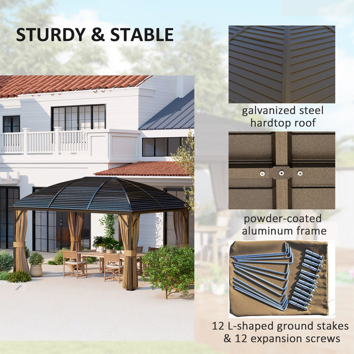 3 x 4m Hardtop Gazebo Canopy with Metal Roof, Aluminium Gazebo Permanent Pavilion with Netting and Curtains, Brown
