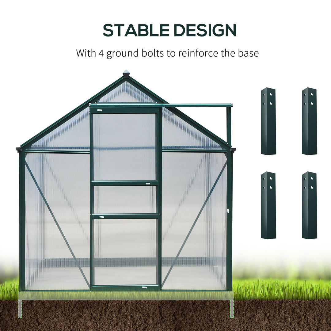 6 x 8ft Polycarbonate Greenhouse, Large Walk-In Green House with Slide Door and Window, Garden Plants Grow House with Aluminium Frame and Foundation, Dark Green