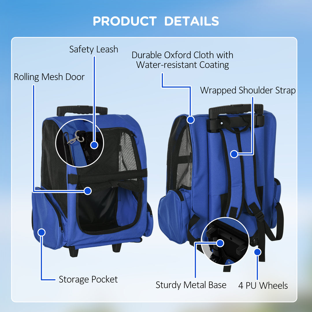 PawHut Portable Pet Carrier Backpack with Trolley, Telescopic Handle, Stroller Wheels for Cats & Dogs, 42 x 25 x 55 cm, Blue | Aosom UK