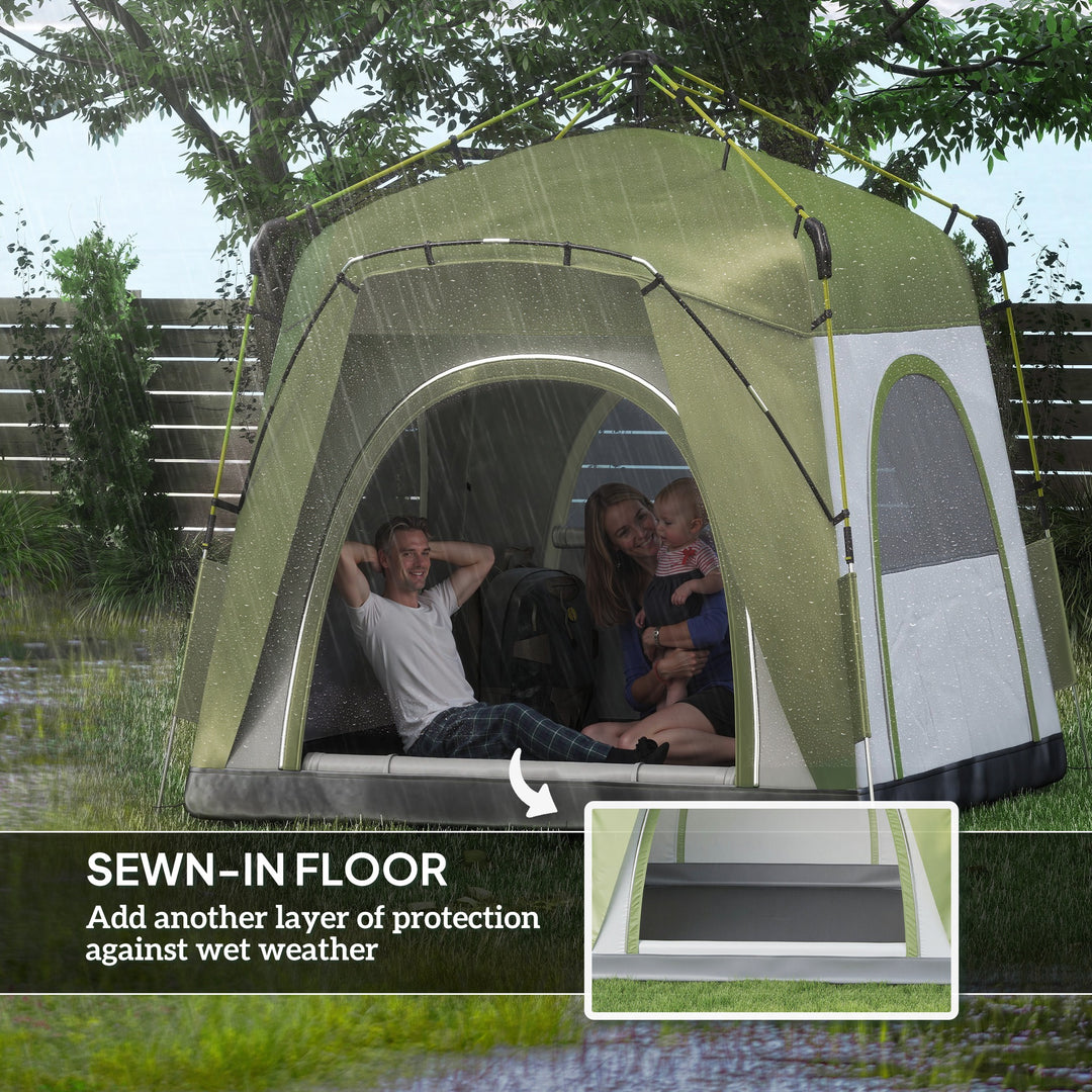 MCL Instant Pop Up Camping Tent, 4 Man Dome Tent with 4 Doors, Sewn-in Groundsheet, Carry Bag and Top Hook for Fishing Hiking Festival, Green