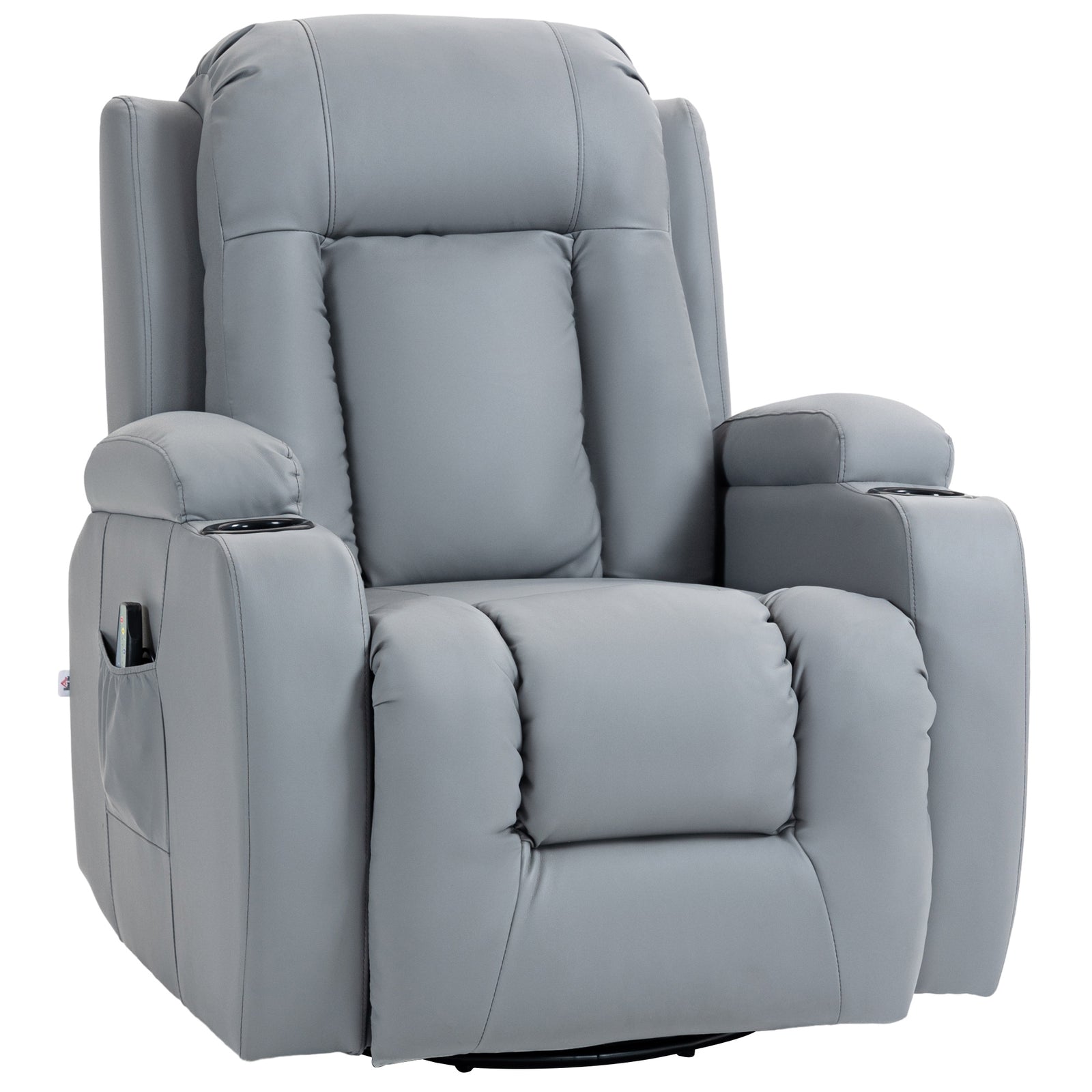Massage Recliner Chair with 8 Vibration & Heat, PU Leather Recliner Armchair with Cup Holders and Side Pockets, Manual Reclining Chair with Remote, 360° Swivel, Rocking, Light Grey