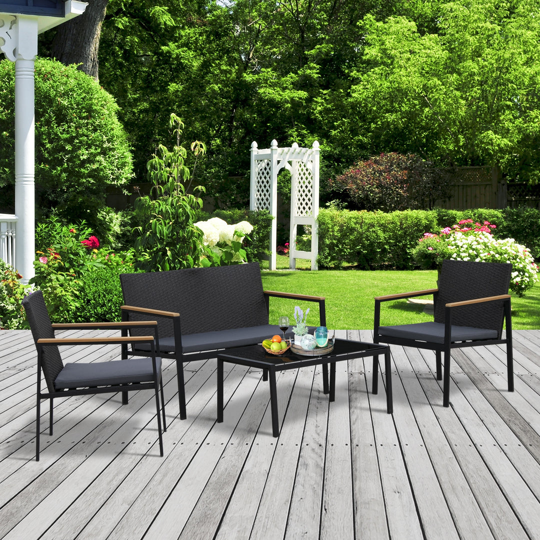 4 Pieces Rattan Garden Furniture Set, 4 Seater Garden Sofa Set with Loveseat, 2 Armchairs and Glass Top Coffee Table, Wicker Outdoor Conservatory Furniture with Cushions for Patio, Black