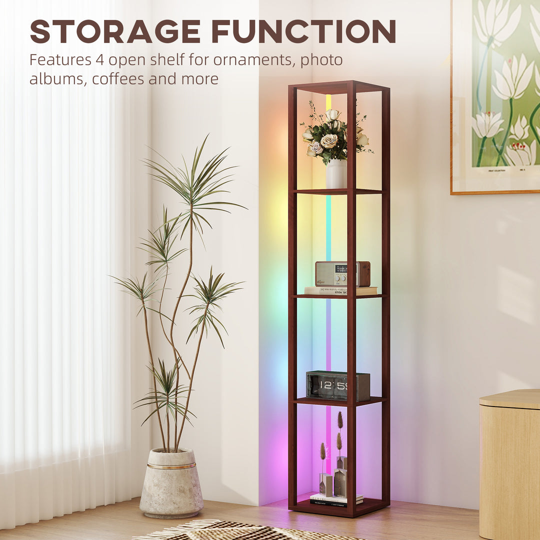 RGB LED Floor Lamp with Shelves, Modern Dimmable Standing Lamp with Remote Control, Adjustable Brightness & Speed for Living Room, Bedroom, Office, Brown