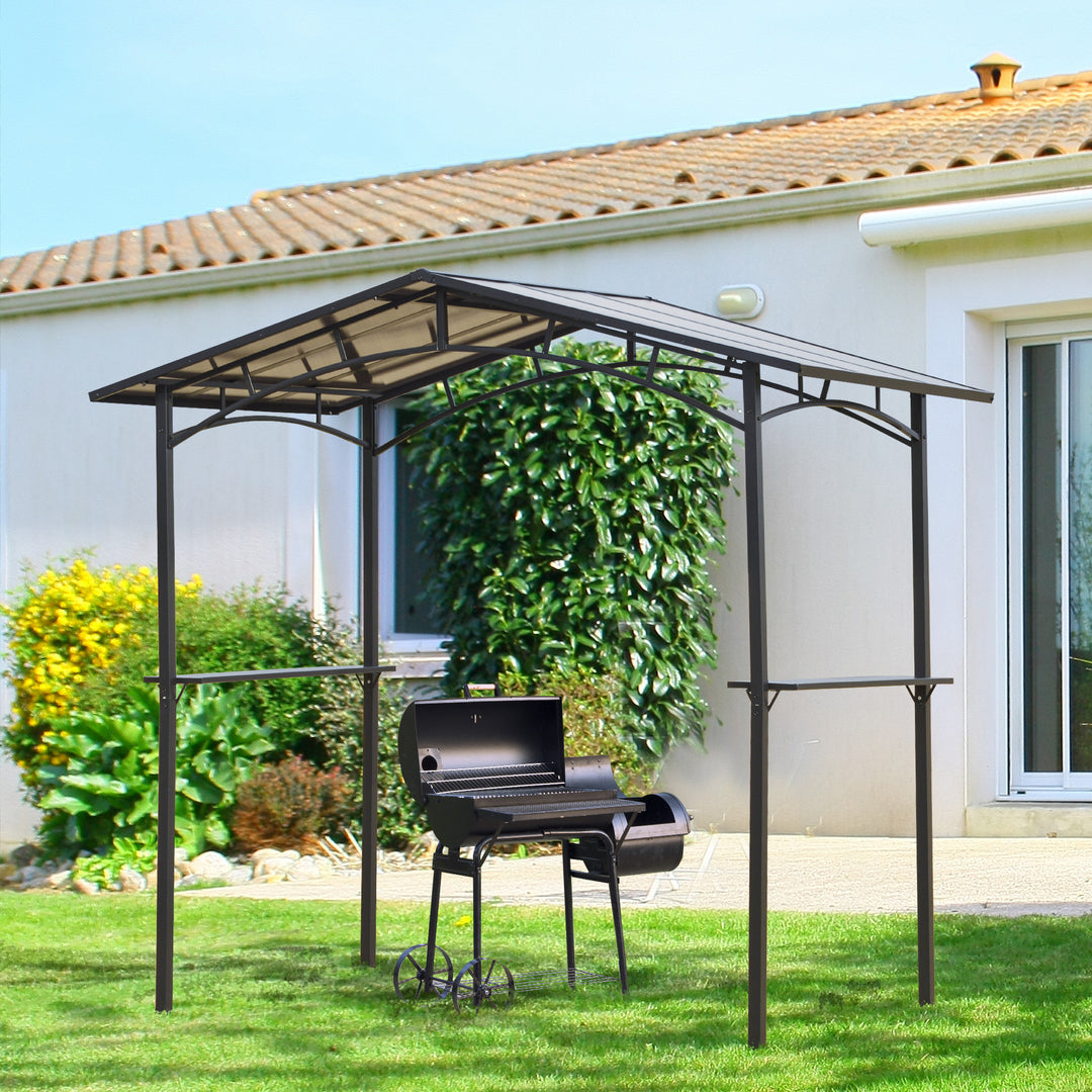 MCL 8ft x 5ft Outdoor BBQ Protective Gazebo Tent Aluminium Steel Frame w/ 2 Shelves Hardtop Roof Canopy Ground Stakes Safe Cooking