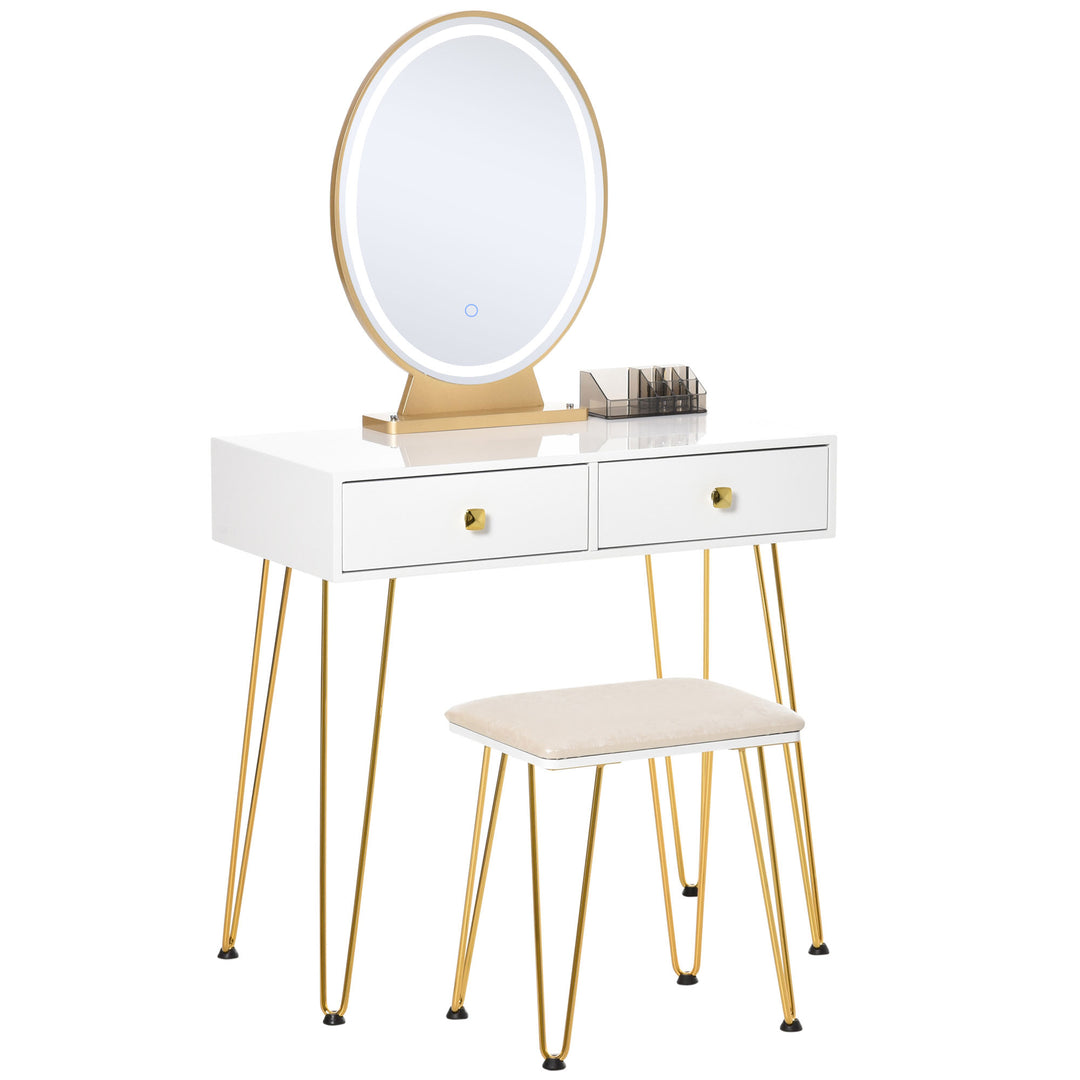 HOMCOM Dressing Table Set with LED Light, Round Mirror, Vanity Makeup Table with 2 Drawers and Cushioned Stool for Bedroom, White