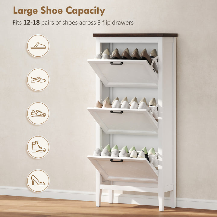 Shoe Cabinet with 3 Flip Drawers, Farmhouse Narrow Shoe Storage Cabine