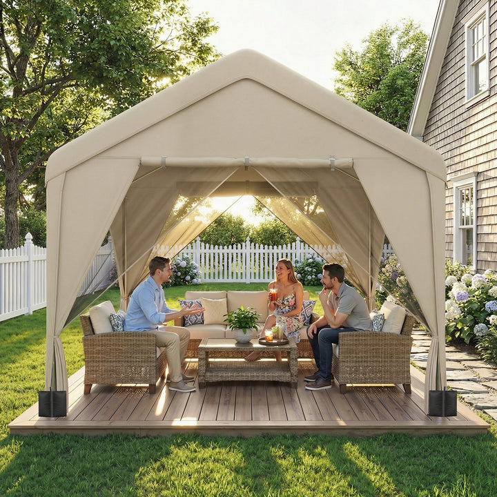 3 x 3 m Patio Gazebo with Netting &amp; Curtains, Outdoor Canopy Shelter w
