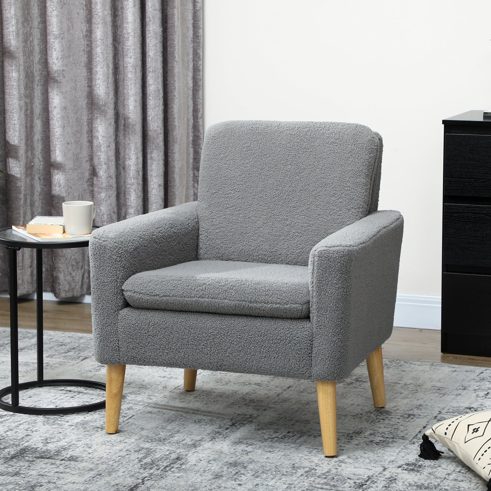 Armchair, Upholstered Accent Chair with Wood Legs and Wide Padded Seat, Teddy Occasional Chair, Grey