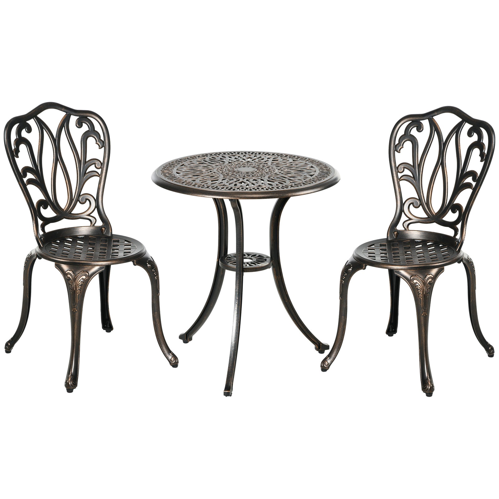 3 Piece Garden Bistro Set Aluminium Outdoor Furniture Set for 2 Patio Chairs and Table with Umbrella Hole Bronze Tone