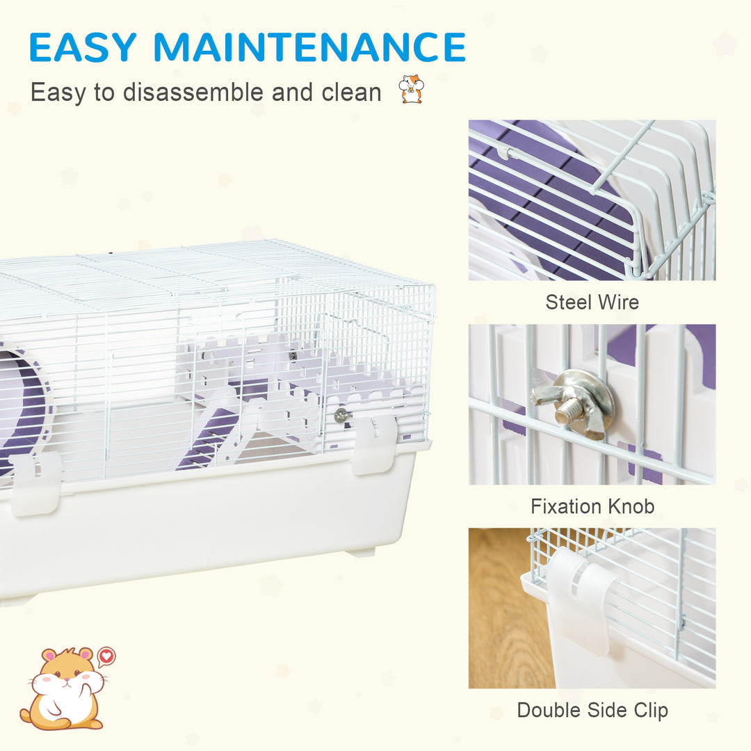 PawHut Two-Tier Hamster Cage, Multi-Storey Gerbil Haven, Small Animal Habitat with Water Bottle, Exercise Wheel, Ladder, White | Aosom UK