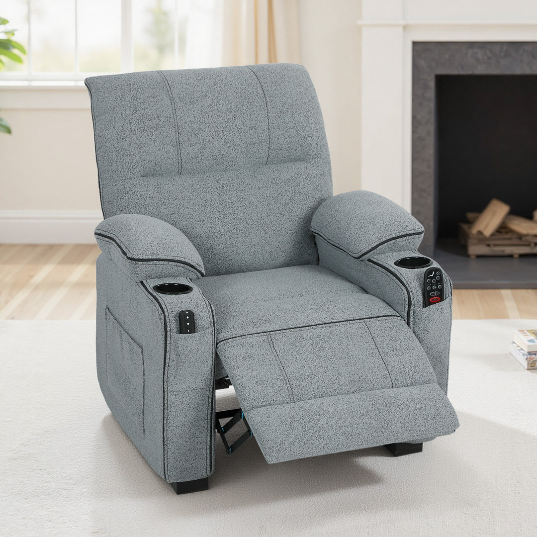 Electric Massage Recliner Armchair with Vibration, Heat, Whisper-Quiet Motor, Memory Function, Velvet Power Reclining Chair with Spring Pack, USB Port, Footrest, Side Pocket, Cup Holders