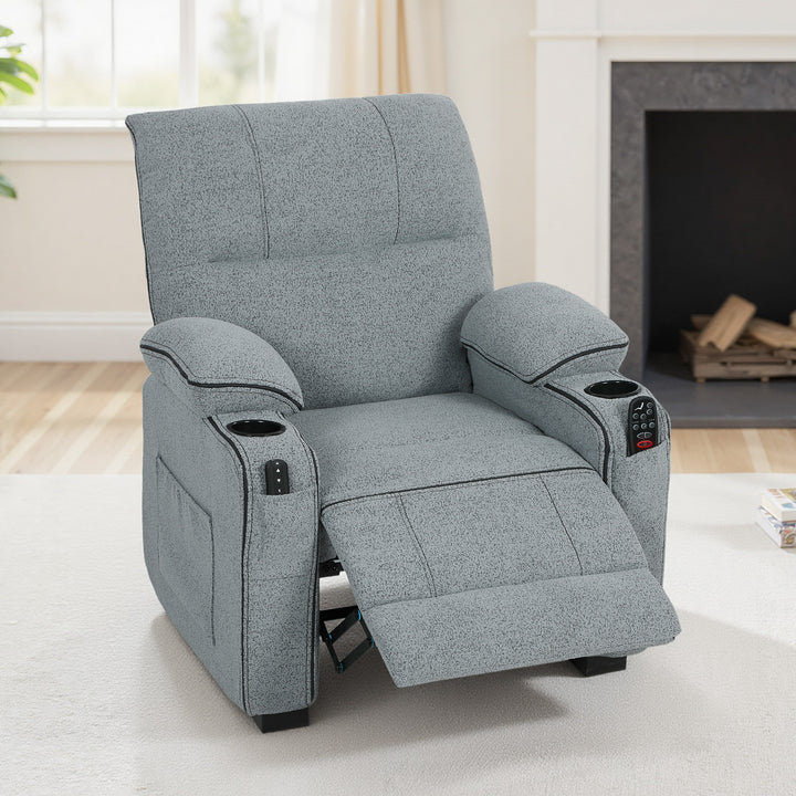 Electric Massage Recliner Armchair with Vibration, Heat, Whisper-Quiet Motor, Memory Function, Velvet Power Reclining Chair with Spring Pack, USB Port, Footrest, Side Pocket, Cup Holders