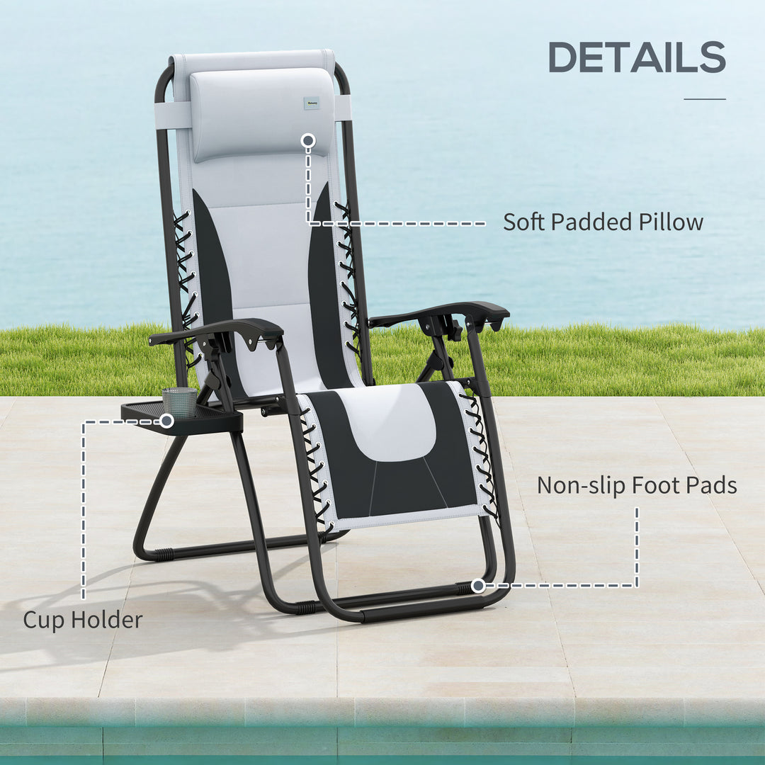 Zero Gravity Lounger Chair Set of 2, Folding Reclining Patio Chair with Padded Seat, Cup Holder, Soft Cushion and Headrest for Poolside, Camping, Grey