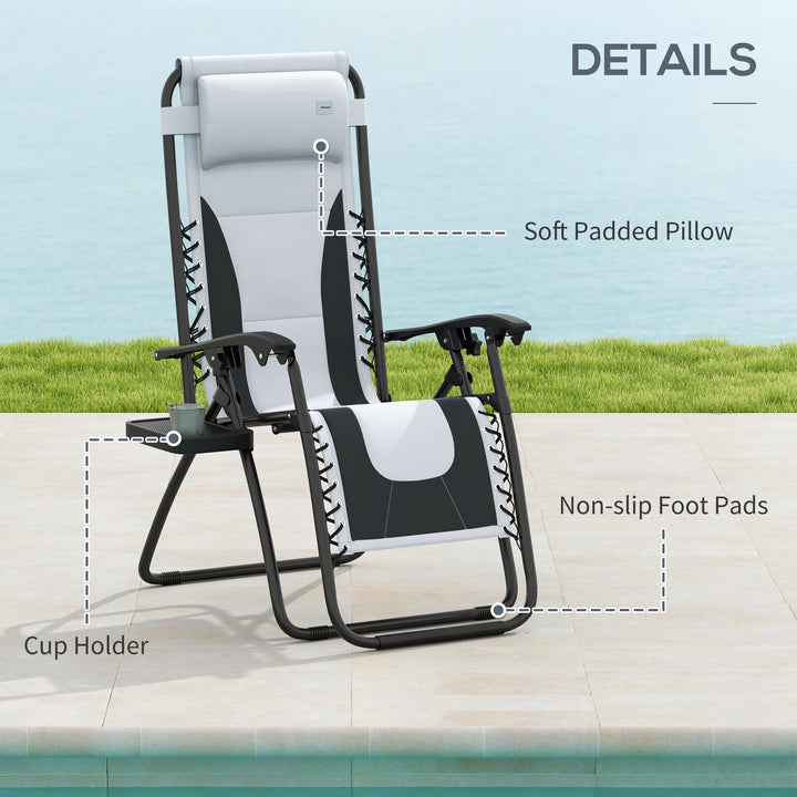 Zero Gravity Lounger Chair Set of 2, Folding Reclining Patio Chair with Padded Seat, Cup Holder, Soft Cushion and Headrest for Poolside, Camping, Grey