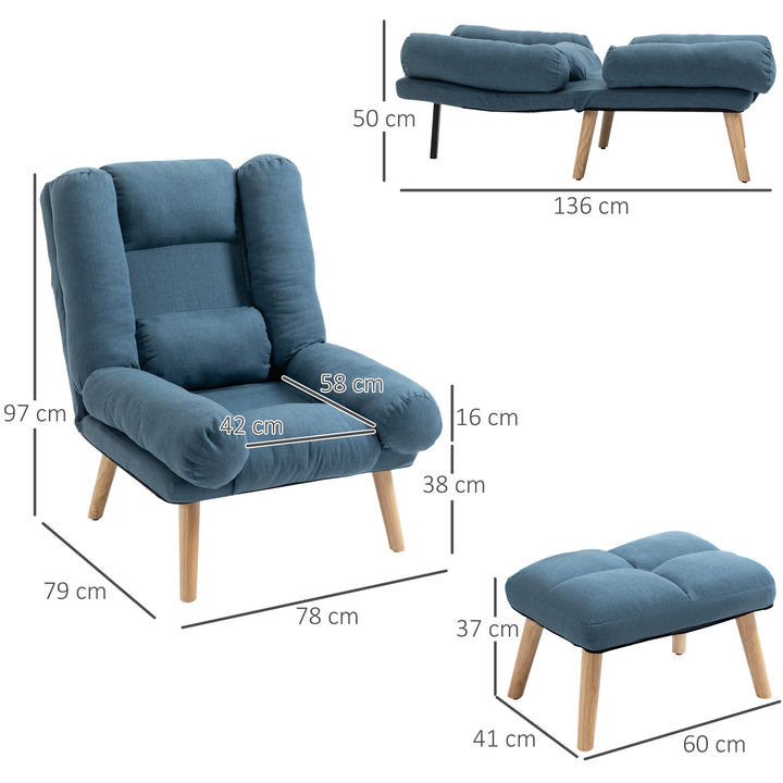 Armchair with Footstool, 180° Recliner with Ottoman, Accent Chair and Footstool with 3-Position Adjustable Backrest and Wooden Legs for Living Room, Blue