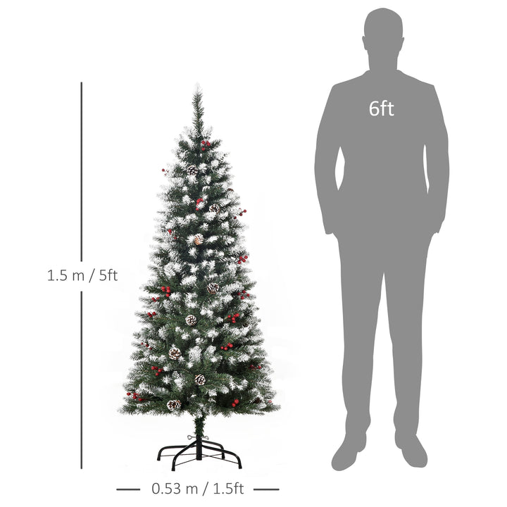 5FT Artificial Christmas Tree Xmas Pencil Tree with Red Berries and Pinecones Holiday Home Indoor Decoration with Foldable Feet, Green